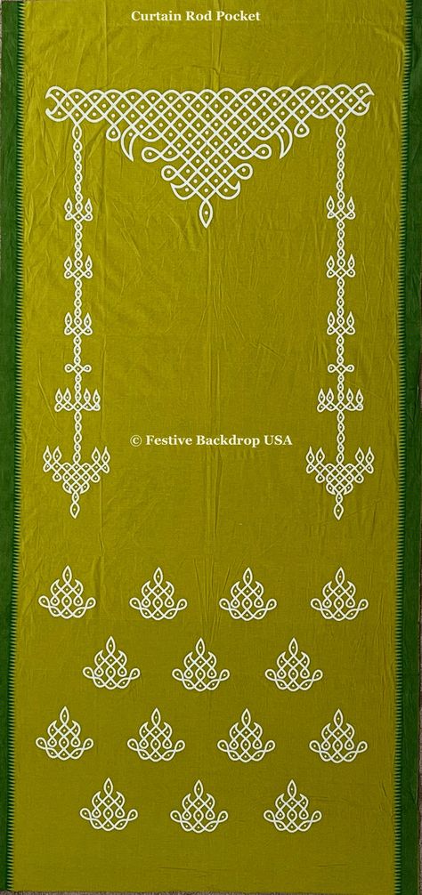 Part of our Kolam Backdrop Fabric Collection, Saraswati Mehendi Green Design is a stunning printed fabric that can be used as a backdrop for casual and traditional ceremonies (in Pooja Mantapam). * Border in Green * Eco-Friendly * Made from 100% Cotton * Curtain Rod Pocket * Handmade * Reusable * 97 In L X 44 In W * Moderate Thickness * Not Machine-Washable This product will be sure to make your occasion special and one to never forget! Note: Product color may slightly vary due to photographic l Kolam Design On Wall, South Indian Door Design, Kolam Backdrop Decor, Kolam Designs Border, South Indian Rangoli Design, Indian Border Design, Border Kolam Design, Kolam Border Designs, South Indian Rangoli