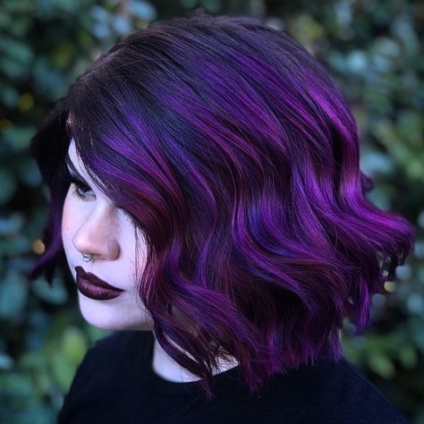 Beautiful pink melt created by @avibecalledsteph #pastelhair #pinkhair #bobhaircut #shorthairstyle #colormelt #coloredhair... Purple Hair Goth, Red And Purple Hair, Plum Purple Hair, Bright Pink Hair, Cool Hair Designs, Purple Balayage, Balayage Haircolor, Dark Purple Hair, Bob Hair Color