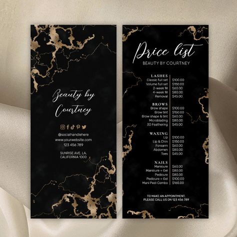 Salon Menu Design, Black Hair Salon, Hair Salon Price List, Upscale Salon, Black Marble Background, Black Hair Salons, Price List Design, Salon Price List, Menu Flyer