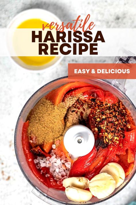 Bright red ingredients all combined in a food processor. How To Make Harissa Paste, Harrisa Paste Recipes, Harrisa Sauce Recipes, Harissa Recipes Vegetarian, Harissa Marinade, Harissa Paste Recipe, Wildfit Recipes, Homemade Harissa, Harissa Recipe