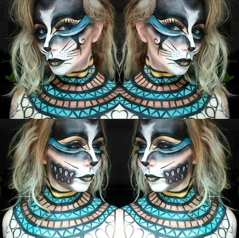 Egyptian Mask, Theater Makeup, Halloween Costumes Plus Size, Egypt Cat, Body Painting Festival, Creepy Makeup, Theatre Makeup, Egyptian Cat, Face Paintings