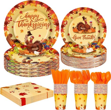 Unique Design - Thanksgiving plates and cups are printed with food-grade water based ink. The festive patterns like thanksgiving dinner plates, the words happy Thanksgiving and give thanks are a cheerful addition to the table, making your Thanksgiving dinner a success. Friendsgiving Place Setting, Friendsgiving Napkins, Thanksgiving Plate Settings, Friendsgiving Party Decorations, Friendsgiving Dessert, Friendsgiving Dinner Party Decor, Thanksgiving Dinner Plates, Friendsgiving Decor, Thanksgiving Board