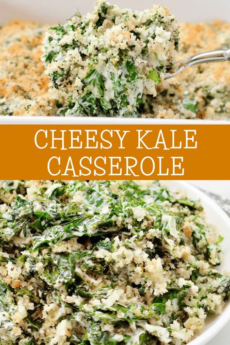 Kale Casserole ~ Fresh kale baked in savory cream sauce and topped with buttery breadcrumbs. Vegetarian or vegan. via @thiswifecooks Kale Casserole Recipes Healthy, Kale Cooked Recipes, Best Kale Recipes, Creamy Baked Broccoli With Tomatoes And Kale, Recipes With Kale Easy, Creamed Kale Recipes, Recipes Using Kale, Kale Casserole Recipes, Recipes With Kale