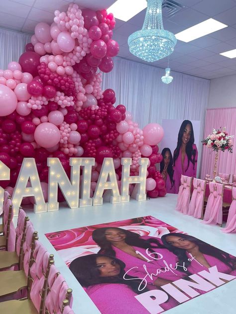 Sweet 16 Bday Outfits, 16 Th Birthday Cake Sweet Sixteen, Big Sweet 16 Party Ideas, 16 Shades Of Pink Party Ideas Sweet 16, Pink Sweet 16 Party Ideas, Birthday Hall Decorations, Pretty In Pink Sweet 16 Theme, 21 Shades Of Pink Party, Pink Sweet 16 Ideas