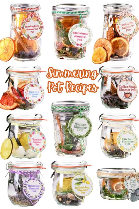 These simmering pot recipes will fill your house with the scents of the holidays and seasons. Put the ingredients into jars to give as gifts! Simmering Pot Recipes, Summer Potpourri, Spring Potpourri, Simmering Pot, Cedar Chips, Drying Mint Leaves, Homemade Potpourri, Dried Potpourri, Potpourri Gift