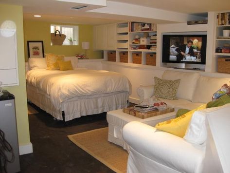 {Basement Beauties} How To Spruce Up The Dungeon Downstairs Bedroom In Basement, Cheap Basement Ideas, Patio Chico, Home Office Guest Room Combo, Low Ceiling Basement, Basement Guest Rooms, Home Office/guest Room, Classic Homes, Basement Inspiration