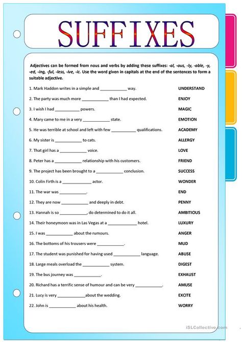 Nouns And Verbs Worksheets, Suffixes Worksheets, Nouns Verbs Adjectives Adverbs, Part Of Speech Noun, Nouns And Pronouns, English Adjectives, Adjective Worksheet, Word Formation, Nouns Verbs Adjectives