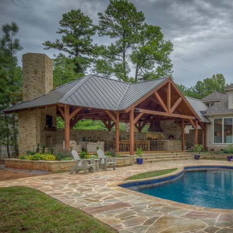 Timber Frame Pool Pavilion Pool House Pavilion Ideas, Pool House Exterior Ideas, Pavilion Off Back Of House, Pool Pavillion Backyard, Lake House Patio Ideas Outdoor Spaces, Pool Pavilion Ideas Outdoor Living, Patio Pavilion Ideas, Pavilion Design Backyard, Pool Gazebo Ideas Cabanas