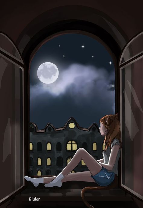 Art neko girl at the window. She looks at the moon and sits by the window. She has cat ears and a tail. Outside the window is the night, the moon and the old house. 2d illustration. Drawing Iphone Wallpaper, Night Drawing, Wallpaper Digital Art, Sky Iphone, Night Sky Art, Window Illustration, Window Drawing, Outside The Window, Night Illustration