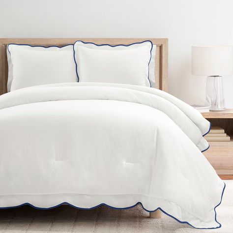 This Coastal Chic Scallop Edge Comforter Set has a harmonious blend of breezy seaside charm and cozy comfort. Navy Comforter Bedroom Ideas, Navy And Blue Bedroom, Kitchen Townhouse, Matouk Bedding, Coastal Style Bedroom, School Finds, Nyc Rooms, Summer Bedroom, College House