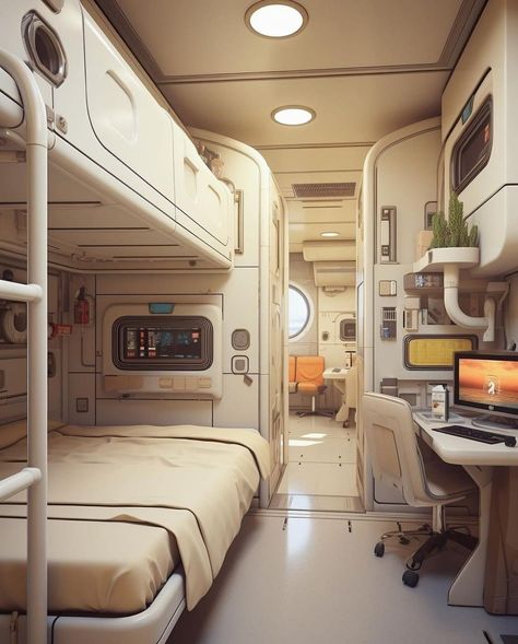 Solarpunk Interior, Futuristic Bunker, Futuristic Cabin, Cyberpunk Home, Sci Fi Bedroom, Spaceship Room, Futuristic Home Interior, Spaceship Aesthetic, Sci Fi Room