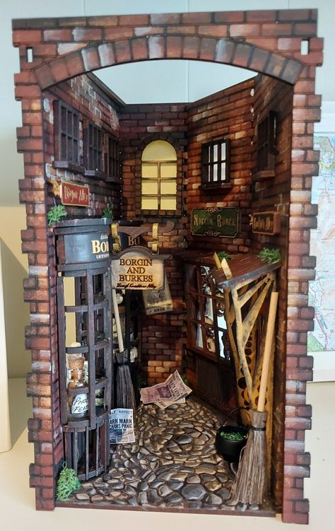 Knockturn Alley Book Nook, Harry Potter Book Nook Shelf Insert, Diagonal Alley Book Nook, Harry Potter Nook Book, Bookshelf Book Nook, Book Nook Shelf Insert Diy Harry Potter, Halloween Book Nook, Harry Potter Book Nook Diy, Booknook Harry Potter