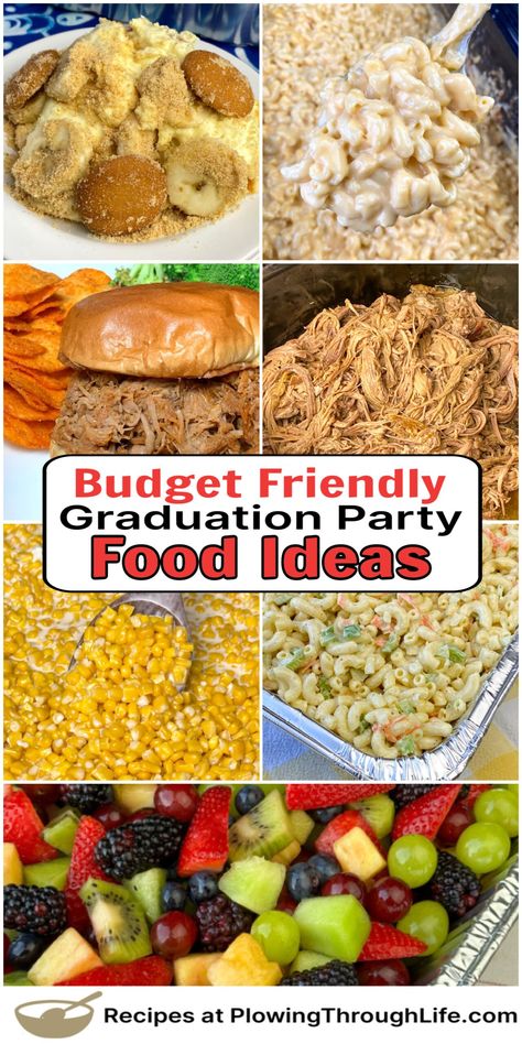 High school graduation is a great time to have a party with crowds of people and lots of delicious food. We have made several of these recipes to share with friends as they celebrate this life milestone. Here is a list of budget friendly Graduation Party Food Ideas that home cooks can make to share with loved ones! Fun Graduation Food Ideas, Cooking For 15 People, Senior Food Ideas, Graduation Party Ideas At A Restaurant, Food For 200 People Party, Birthday Party Food Ideas For Crowd, Inexpensive Graduation Party Food, Easy Graduation Party Food Simple, Pulled Pork Graduation Party