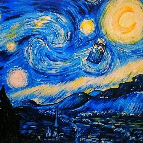 Doctor Who Painting Easy, Tardis Sketch, Starry Night Tardis, Tardis Van Gogh, Tardis Painting, Tardis Starry Night, Tardis Art, Tattoo Board, David Tennant Doctor Who