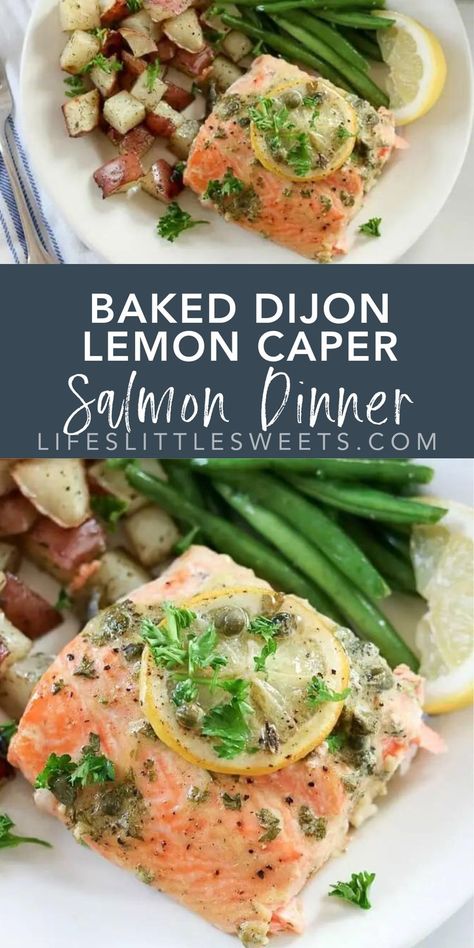 This Baked Dijon Lemon Caper Salmon Dinner is flavorful as it is delicious. Salmon lovers can rejoice with Dijon, lemon and caper flavor infused into melt-in-your mouth fillets of salmon. Served with roasted dill red potatoes and green beans, this dinner is sure to be a new family favorite! #salmon #greenbeans #potatoes #lemon #capers #Dijon #dinner #meal Lemon Caper Salmon, Red Potatoes And Green Beans, Salmon Capers, Lemon Dill Salmon, Capers Recipe, Potatoes And Green Beans, Dill Salmon, Lemon Potatoes, Lemon Dill