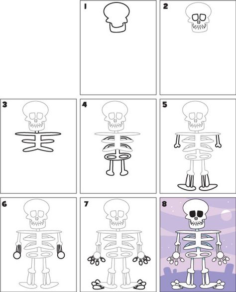 how-to-draw-a-skeleton Draw A Skeleton, Easy Halloween Drawings, Drawing Steps, Draw Tutorial, Drawing Kids, Halloween Writing, Skeleton Drawings, Drawing Lessons For Kids, Fall Art Projects