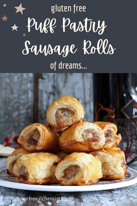 These are the gluten free Puff Pastry Sausage Rolls of your dreams! Meaty bites of deliciousness wrapped in light, flaky-layered gluten free Puff Pastry… baked to crisp, golden perfection. Sausage Rolls Puff Pastry, Gf Pastry, Gluten Free Sausage Rolls, Puff Pastry Sausage Rolls, Puff Pastry Dinner, Puff Pastry Recipes Savory, Schar Gluten Free, Gluten Free Sausage, Rough Puff Pastry