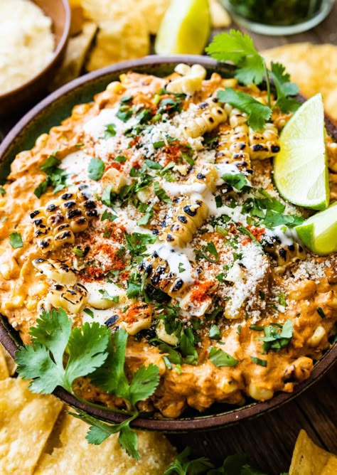 Mexican Street Corn Dip Recipe (Easy and Delicious!) - CucinaByElena Mexican Street Corn Sauce, Easy Elote Dip, Baked Mexican Street Corn Dip, Mexican Street Corn No Mayo, Tortilla Dip Recipes, Elote Appetizer, Hot Mexican Street Corn Dip, Mexican Potluck Ideas, Hot Mexican Corn Dip