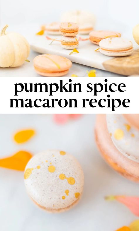 These gold-splattered pumpkin spice macarons are the perfect idea if you want to make pretty fall treats! They're tasty, beautiful, and a fun baking project to tackle. Click for the recipe and learn how to make these gorgeous treats. Pumpkin Spice Macarons, French Meringue, Macarons Recipe, Yellow Food, Apple Pie Spice, Sugar Pumpkin, How To Make Pumpkin, Pumpkin Butter, Macaron Recipe