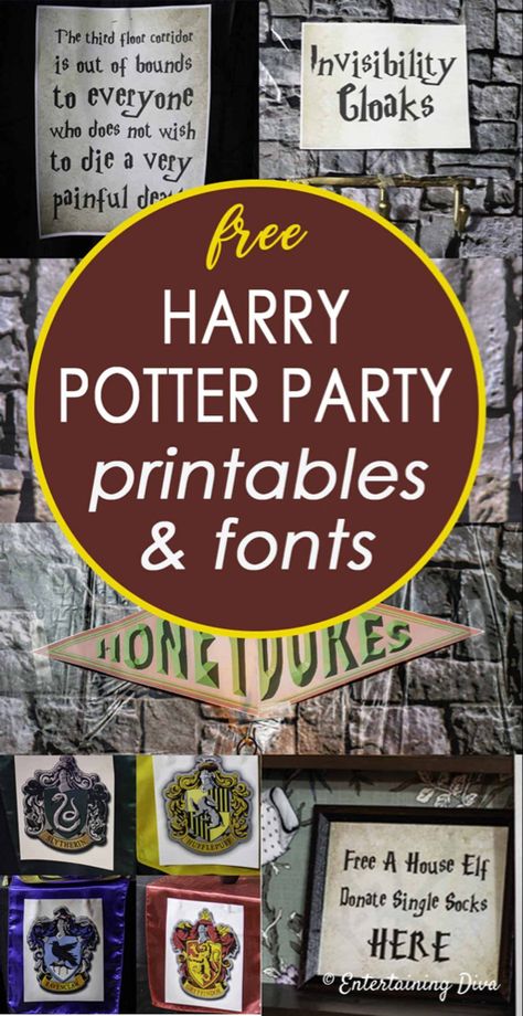 These free Harry Potter party printables and fonts are an easy way to create Harry Potter decorations without having to spend a lot of money. #entertainingdiva #harrypotterparty #partyideas #printables #partydecor Harry Potter Schrift, Harry Potter Party Printables, Harry Potter Motto Party, Harry Potter Decorations, Harry Potter Weihnachten, Baby Harry Potter, Harry Potter Houses Crests, Harry Potter Christmas Decorations, Classe Harry Potter