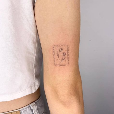 Flower Stamp Tattoo, Postage Stamp Tattoo, Tricep Tattoos, Dutch Culture, Stamp Tattoo, Small Forearm Tattoos, Theme Tattoo, Line Flower, Arm Tattoos For Women