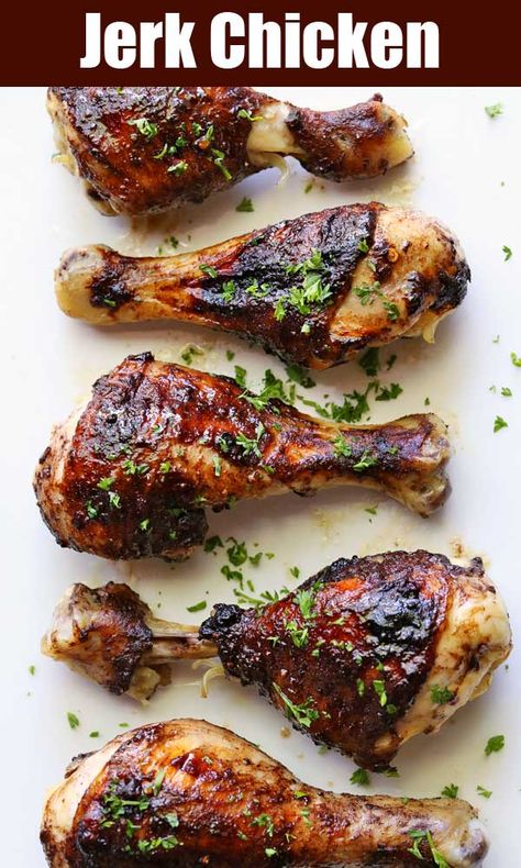 Bold, sweet-and-spicy, jerk seasoning is one of my favorite ways to season chicken. #jerk #chicken #chickenrecipes #dinnerrecipes #drumsticks #chickendrumsticks Spicy Drumstick Chicken Recipes, Drumstick Chicken Recipes Healthy, Baked Jerk Chicken Drumsticks, Jerk Drumsticks Recipe, Jerk Chicken Legs In Oven, Baked Jerk Chicken Recipe, Jerk Chicken Recipe Oven Baked, Jerk Chicken Baked, Ways To Season Chicken