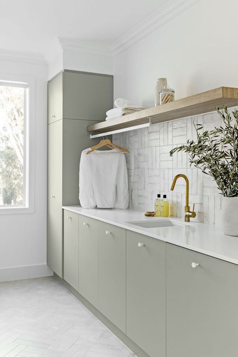 Tiles In Laundry Room, Laminex Seed Cabinetry, Laundry Green Cabinets, Laminex Seed, Green Laundry Cabinets, Colourful Laundry Room, Laundry Cabinet Design, Green Laundry Room Ideas, Green Laundry Room Cabinets