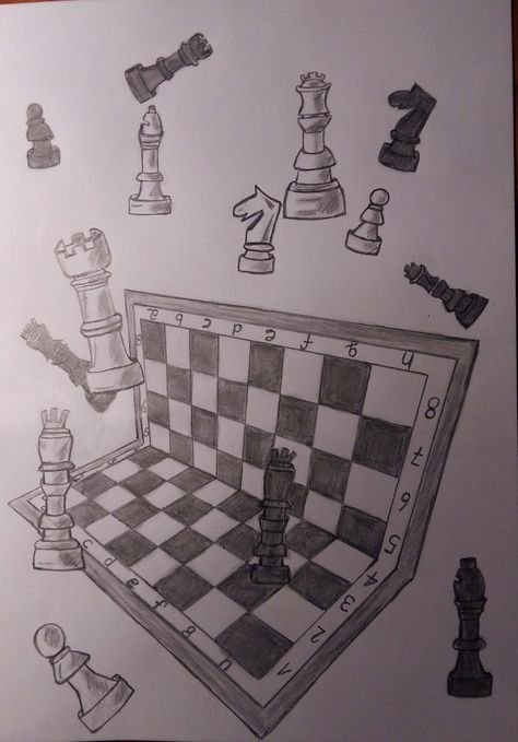 Sketches Of Chess Pieces, Chess Board Drawing Sketch, 3d Chess Board Drawing, Chess Game Drawing, Chess Inspired Art, Chess Board Sketch, Chessboard Drawing, Chess Drawing Sketch, Chess Board Drawing