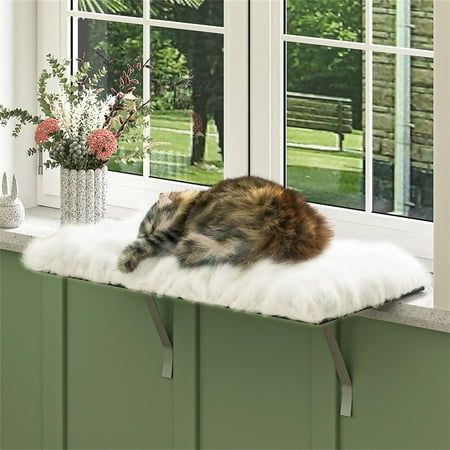 Our window seat for cats has soft plush cover and memory sponge, will provide a very comfortable and wide-view rest place, and your pet cat can enjoy the sunbathing. And this cat perch is suitable for windowsill deep of no less than 3 inches. Material: MDF board+Metal paint support feet+ Plush cloth cushion. The white short plush cover of the cat window perch can be easily removed and washed. Cat window hammock includes all the parts in the packing box, Only need several minutes, you can assembl Kitty Window Perch, Cat Beds Window, Window Seat For Cats, Window Shelf For Cats, Diy Cat Window Perch, Cat Perch Diy, Window Sill Shelf, Bench Window Seat, Cat Window Bed