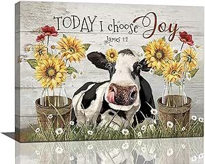 Farmhouse Cow Sunflower Daisy Decor Wall Art Rustic Country Farm Funny Cow Floral Pictures Wall Decor Canvas Painting Prints Artwork Home Decorations Framed for Bathroom Bedroom Kitchen 24"x16" Cute Dairy, Daisy Decor, Today I Choose Joy, Cow Sunflower, I Choose Joy, Sunflower Daisy, Cows Funny, Art Impressions, Wall Decor Pictures