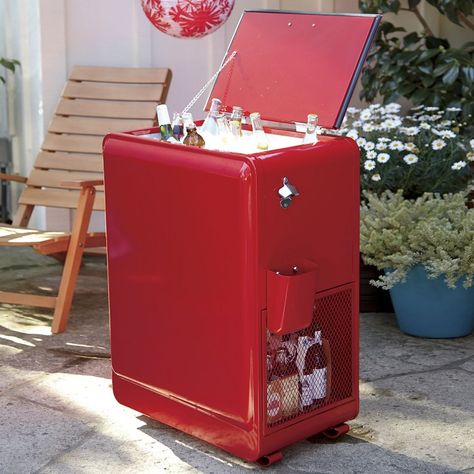 Rolling-Red-Cooler-Cabinet Deck Cooler, Modern Drinking Glasses, Wooden Cooler, Retro Cooler, Patio Cooler, Outdoor Cooler, Red Drinks, Corkboard Ideas Decor, Ice Chest Cooler