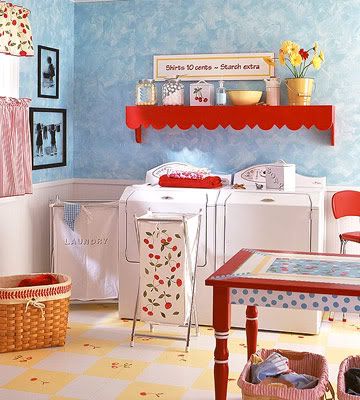 Laundry Room ♥ - Follow Me on Pinterest  Suzi M, Interior Decorator Mpls, MN Painted Laundry Room, Practical Laundry Room, Retro Laundry Room, Laundry Room Design Ideas, 50s Decor, Laundry Nook, Room Retro, Vintage Laundry Room, Vintage Laundry