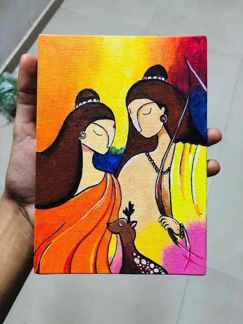 Siya Ram Canvas Painting, Ram Sita Water Colour Painting, Siya Ram Rangoli Design, Ram Siya Painting, Ram Siya Drawing, Shri Ram Painting, Ram Cartoon, Siya Ram Painting, Painting On Canvas Easy