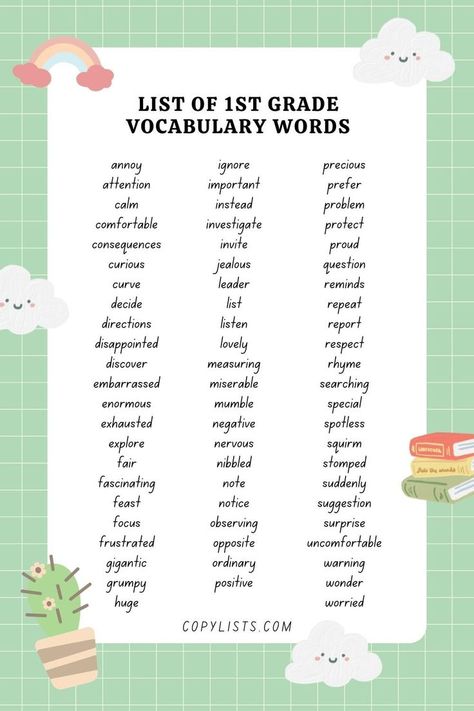 a list of 1st-grade vocabulary words First Grade Vocabulary, 1st Grade Vocabulary, Words English Vocabulary, List Of Vocabulary Words, Reading Strategies Anchor Charts, 1st Grade Spelling, English Vocabulary List, First Grade Words, Words English