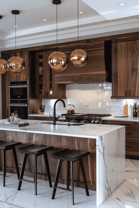 Walnut Kitchen Black Counter, Black Walnut Cabinets Kitchens, Walnut Modern Kitchen, Walnut Kitchen Cabinets Modern, Walnut Interior Design, Dark Kitchen Cabinets And Light Granite, Modern Warm Kitchen, Contemporary Kitchen Design Luxury, Warm Kitchen Design