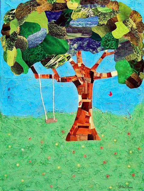 "A Summer's Day" collage on canvas Collage Trees Art, Summer Camp Collage, Tree Collage Art, Collage Trees, Collage Tree, Mixed Media Collage On Canvas, Montage Art, Art Rooms, Tree Collage