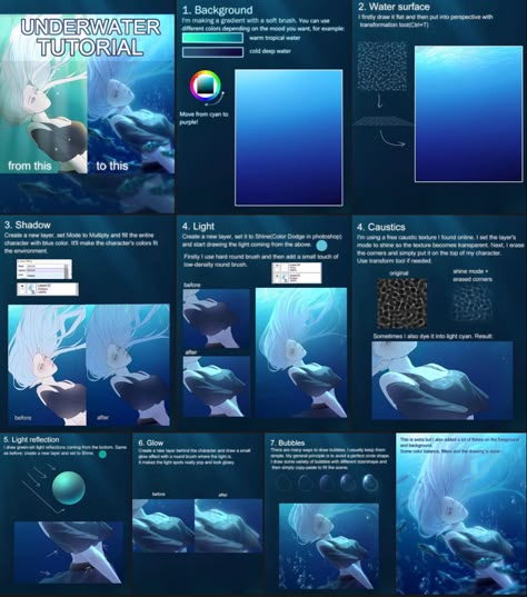 How To Draw Underwater Digital, Underwater Art Tutorial, Underwater Digital Art Tutorial, Ocean Digital Art Tutorial, Under Water Drawing Tutorial, Underwater Effect Drawing, Underwater Drawing Tutorial, Water Shading Tutorial, Dynamic Lighting Tutorial