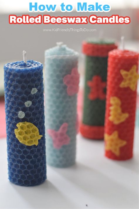 This is a fun craft to do with the kids. Making DIY Rolled beeswax candles is fun for adults and kids. Easy to make! www.kidfriendlythingstodo.com Hand Rolled Beeswax Candles, Candle Decoration Ideas For Kids, Rolled Beeswax Candles Diy, Beeswax Sheet Candles, Rolled Beeswax Candles, Beeswax Candles Diy, Rolled Candles, Scout Crafts, Kids Candles