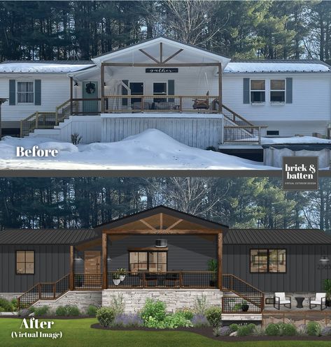 Trailer House Remodel Single Wide Outside, Black Double Wide Mobile Home Exterior, Moble Homes Exterior Paint, Black Siding Mobile Home, Trailer House Exterior Paint Colors, Double Wide Outside Remodel, Upgrade Mobile Home Exterior, Updated Mobile Home Exterior, Mobile Home Decorating Exterior