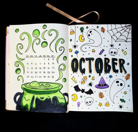 Halloween Calender Ideas, October Book Journal Ideas, October Aesthetic Journal, Halloween Theme Journal, October Calendar Doodles, Bojo Journal Ideas October, Drawing Calendar Ideas, October Diary Ideas, October Journaling Ideas