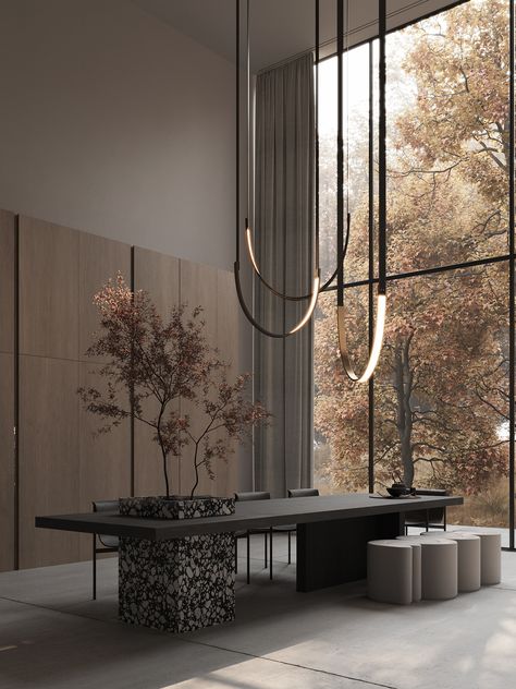 "AUTUMN SCENERY" LIVING ROOM on Behance Minimal Office Design, Contemporary Dining Room Lighting, Entrance Foyer Design, Dining Room Design Luxury, Corporate Interior Design, Trade Show Design, Luxury Dining Tables, House Work, Architecture Portfolio Design