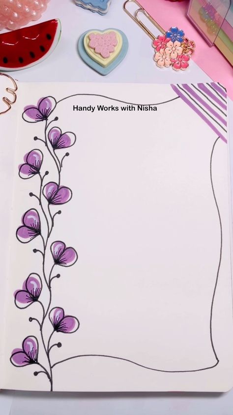 Handy Works With Nisha | Easy and Simple Border Design 🌸 #notebook #notebookdesign #frontpagedecoration #notebookdecoration #pagedecoration #pageborder... | Instagram Cute Drawings For Notebooks, Arts Notebook Cover Ideas, Simple Design For Notebook, Boarder For Projects, Border Design In Paper, Calligraphy Designs Ideas Border, Mapeh Border Design, Cute Borders Designs To Draw, Simple Designs For Project