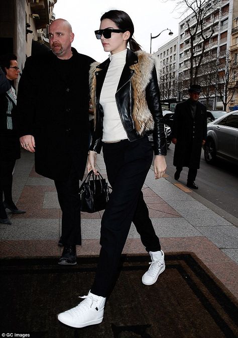 Kendall Jenner - Saint Laurent Leather High-Top Sneakers, Saint Laurent Coyote Fur and Leather Jacket, Celine Cl 41756/S Zz-Top in Black & Celine Nano Bag High Sneakers Outfit, Kendall Jenner 2014, High Top Outfit, High Top Sneakers Outfit, Sneaker Outfit Fall, High Tops Outfit, Winter Sneakers Outfit, Kendall Jenner Street Style, Kylie Jenner Outfits