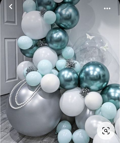 Teal White And Silver Balloon Garland, Teal And White Party Decorations, Sweet 16 Teal And Silver, Teal And White Balloon Arch, Teal 40th Birthday Party, Teal And Silver Birthday Decorations, Turquoise Balloons Decorations, Turquoise Balloon Arch, Tiffany Blue Balloon Garland