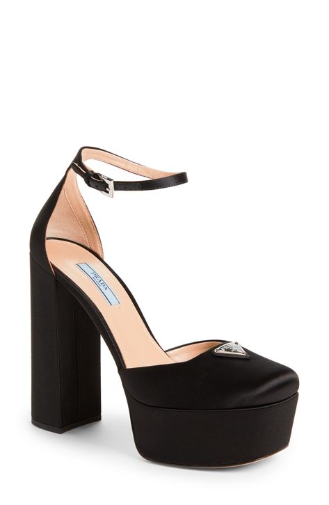 Prada Plateau Ankle Strap Platform Pump available at #Nordstrom Shoes Prada, Ankle Strap Pumps, Strap Pumps, Triangle Logo, Footwear Design Women, Prada Shoes, Sky High, Platform Pumps, Shoes For Women