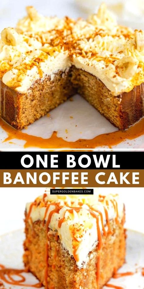 Banoffee Loaf Cake, Cafe Cake Recipes, Cakes With Bananas, One Bowl Cakes, Banoffee Cake Recipe, Caramel Sponge Cake, Banana Sponge Cake Recipes, Tray Bake Recipes Cake, Tray Cakes Ideas