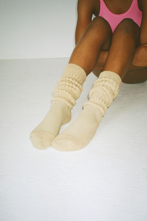 Slouchy knee high socks in a cotton/nylon blend. Thick ribbed cuff and a slim, fitted foot. Made in the USA. Available in multiple colors. Socks Photoshoot, Socks Photography, Beach Socks, Pilates Socks, Slouch Socks, Pink Holiday, Gym Essentials, Cozy Socks, Running Socks