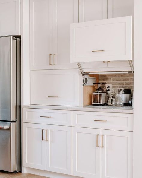 Full Overlay Cabinets, Popular Kitchen Designs, Kitchen Appliance Storage, Blue Kitchen Cabinets, Appliances Storage, Large Kitchen Island, Popular Kitchens, White Cabinetry, Kitchen Cabinet Doors