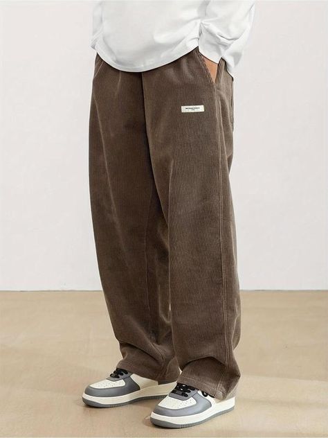 Men's Solid Patched Drawstring Waist Corduroy Pants, Loose Casual Comfy Pocket Straight Leg Trousers for Fall & Winter, Men's Bottoms for Daily Wear Baggy Pants Men, Corduroy Pants Men, Men Jeans Pants, Summer Streetwear, Blazer Set, Street Wear Urban, Clothing Size Chart, Womens Clothing Sizes, Corduroy Pants