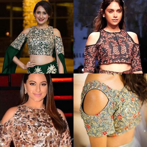 celebs-cold-shoulder-blouse Cold Shoulder Saree Blouse, Cold Shoulder Blouse Designs, Saree Jacket Designs, Latest Blouse Designs, Blouse Tops Designs, Saree Blouse Neck Designs, Lehenga Blouse Designs, New Blouse Designs, Sari Blouse Designs